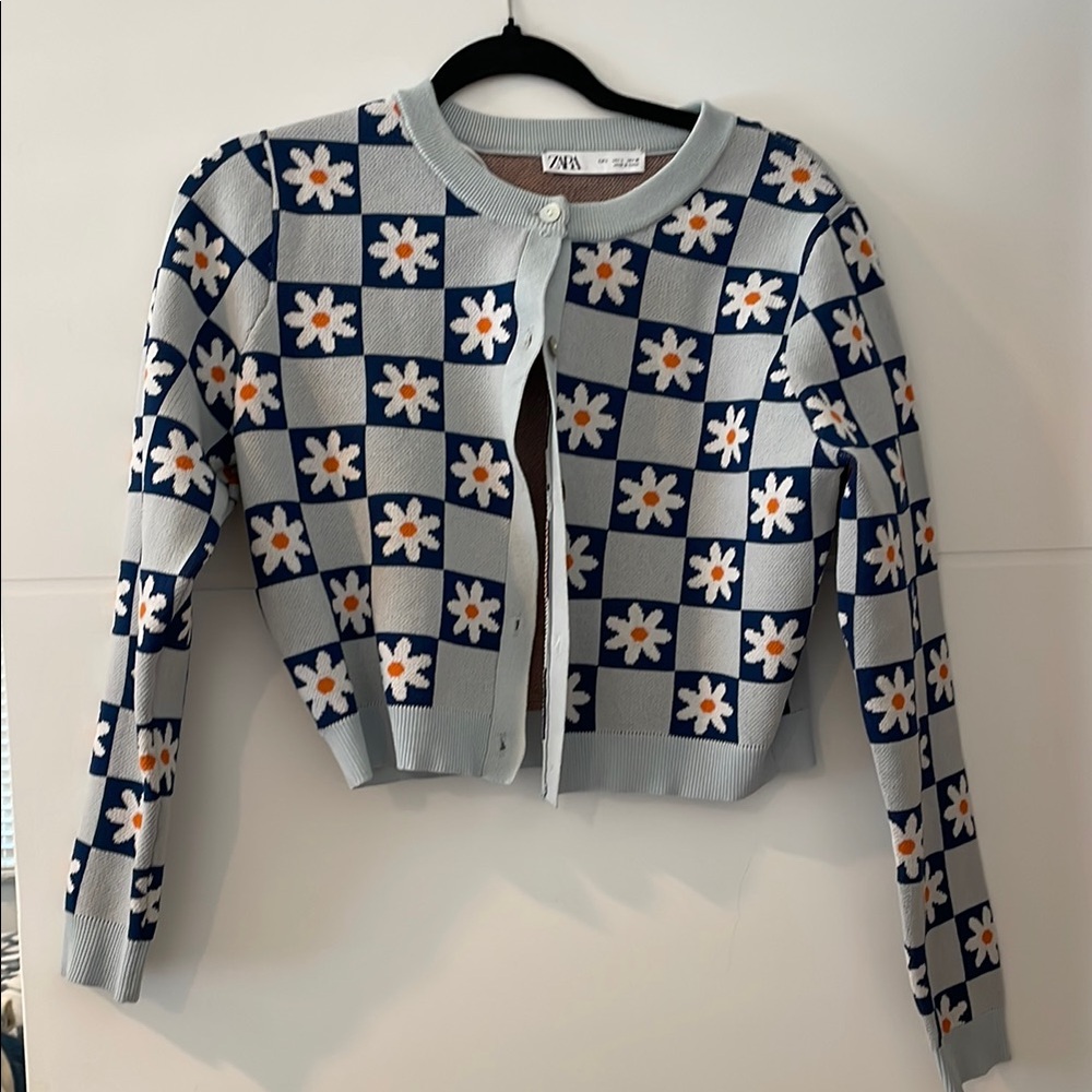 Zara Blue and White Geometric Cardigan Sweater